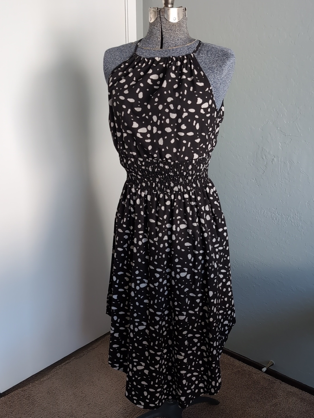 SHEIN Black Halter Midi Dress with White Spot Print